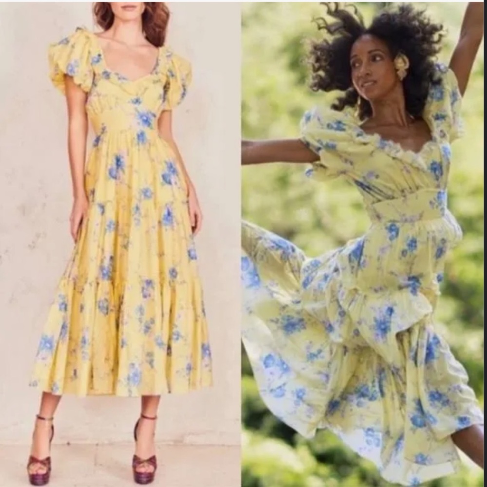 LoveShackFancy Emory Yellow Dress- Puff sleeve milkmaid midi dress - Picture 3 of 7